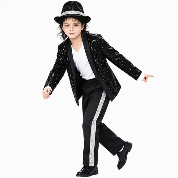 Linfrsh Dance Outfit Jacket Pants Hat Glasses Gloves 80s 90s Stage Outfits 5PC(Black,9-10 Years)