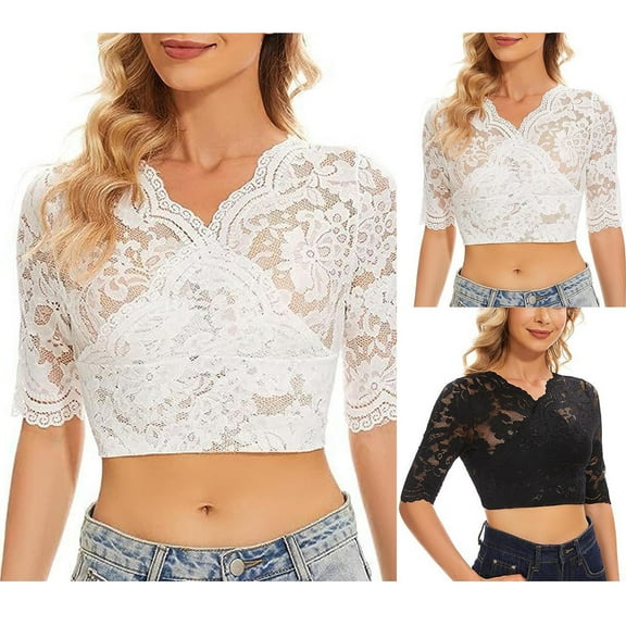 Nmnitkp Women Blouses Fashion Casual Solid Ladies Out Lace 3/4 Sleeve V-Neck Blouses Shirts White,L