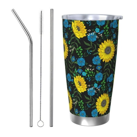 

KLL Sunflowers And Blue Flower Print 40oz Stainless Steel Insulated Car Cup with Spillproof Lid - Keep Your Drink Hot or Cold on the Go-Straw Three-piece Set