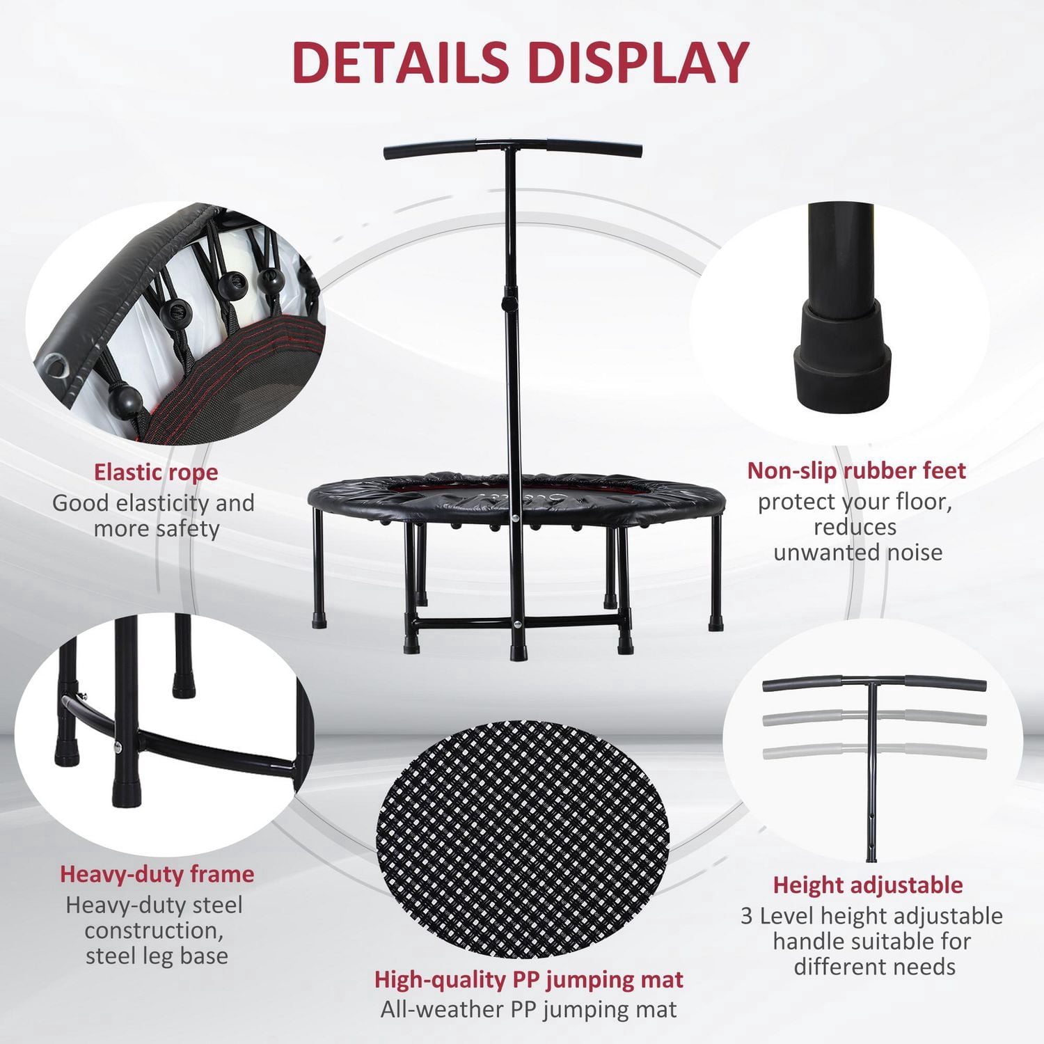 Mini Exercise Trampoline Rebounder Cardio Trainer Adjustable T-Bar Black