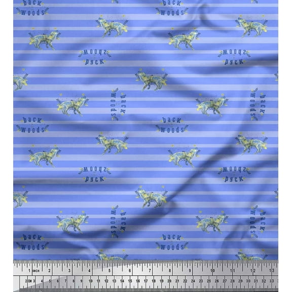 Soimoi Blue Cotton Voile Fabric Wolf & Stripe Print Sewing Fabric Yard 42 Inch Wide
