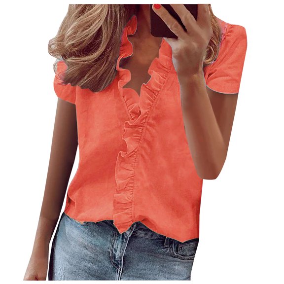 ClodeEU Women's V Neck Short Sleeve Top,Casual Blouse with Ruffle Hem Orange,Womens Plus S