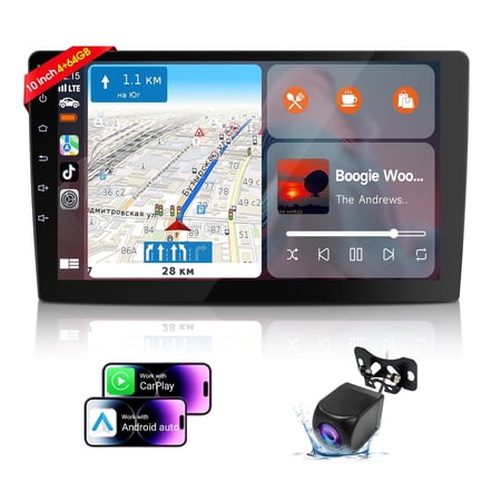 Haudio 10.1" Wireless CarPlay & Android Auto Touchscreen Car Radio, 8-Core 4+64GB Double Din Car Stereo, HD Backup Camera, Voice Control Car Audio