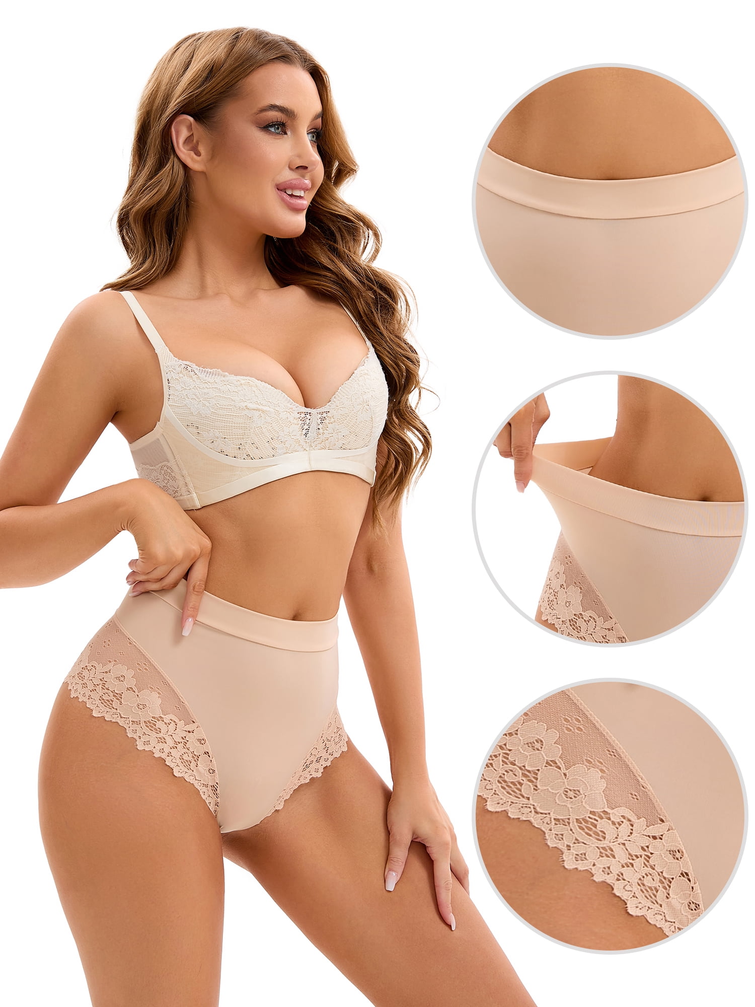 DARING DIVA Women's High-Waisted Underwear Thong Briefs Lace Trim Panties Beige M