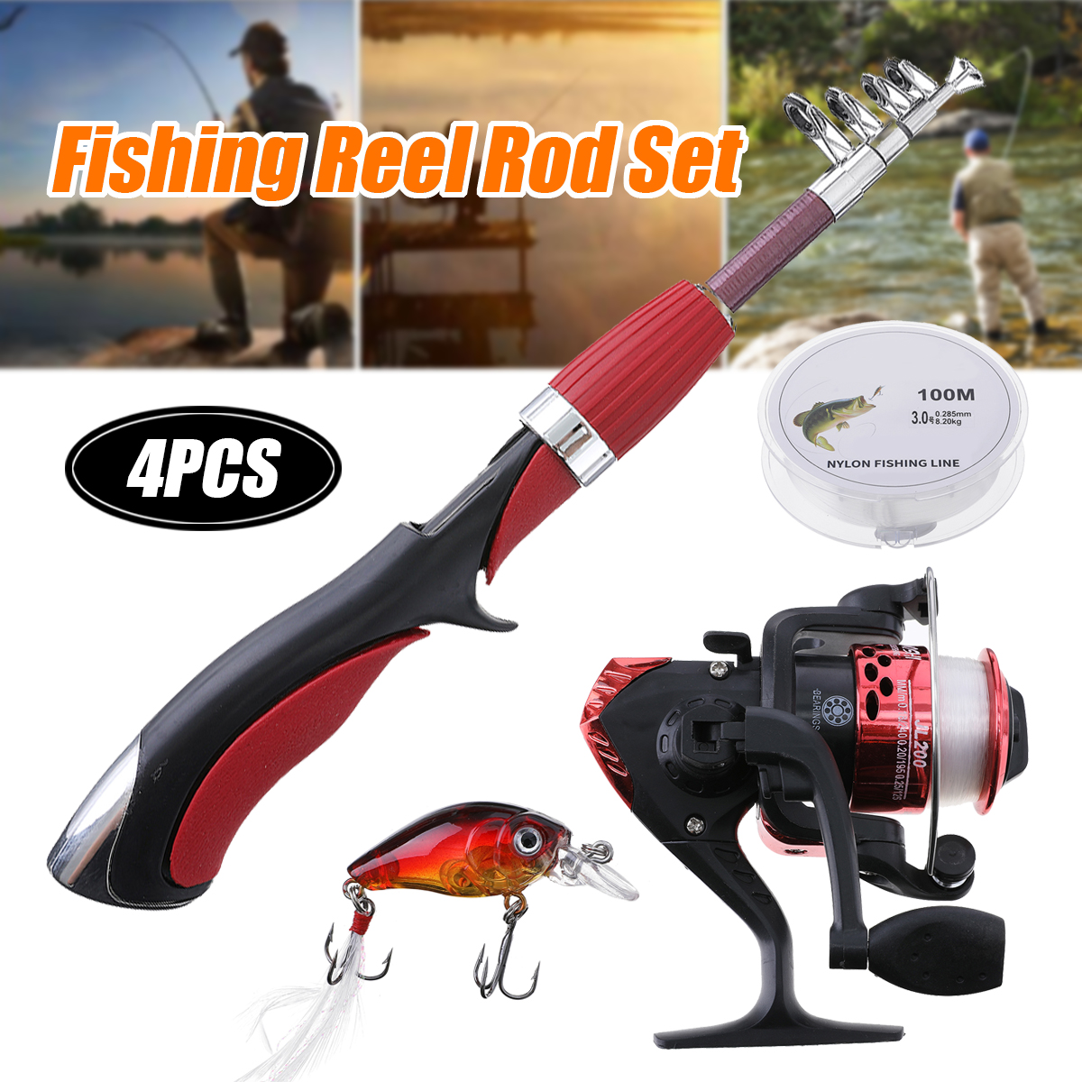 Spinning Fishing Reel Rod Gear Pole Set Kit 100M Fishing Line Lures