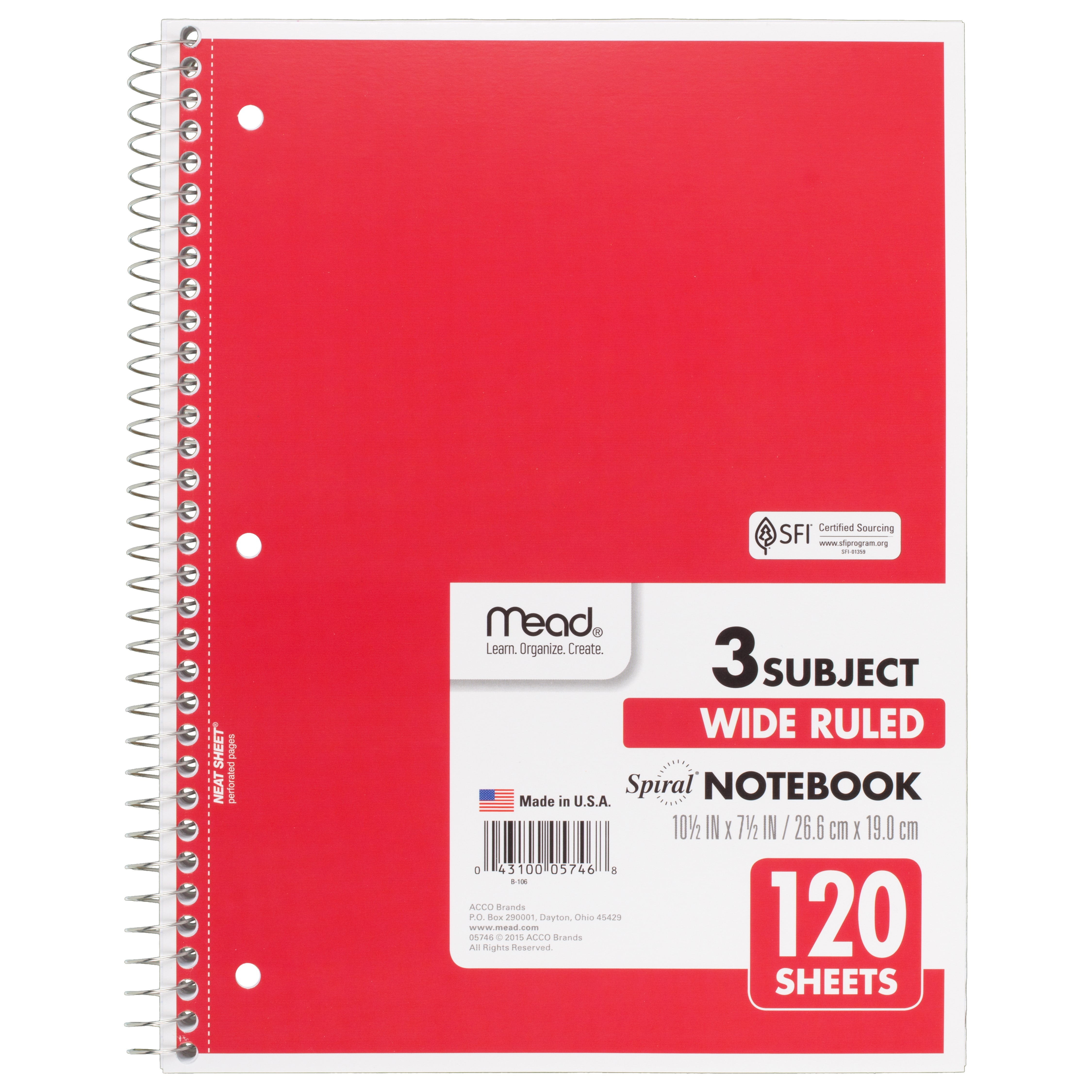 Mead Spiral Notebook 3 Subject WR, Red