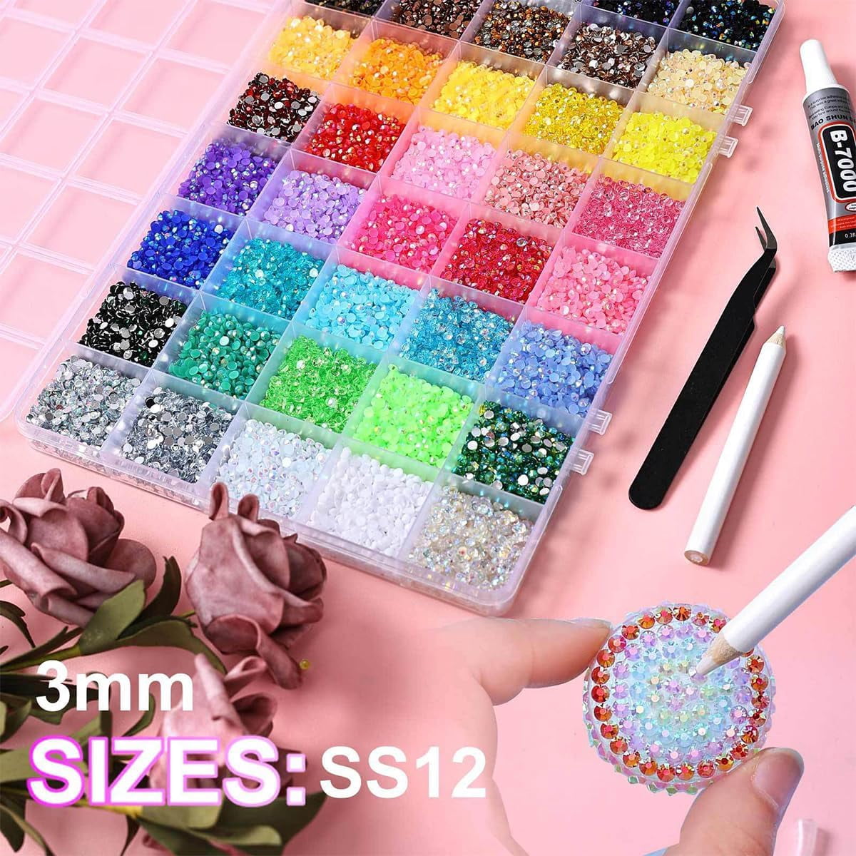 Bedazzler Kit with Rhinestones for Bedazzling, 3mm 40000 Pcs Flatback Gems for Crafting, Bedazzling Kit with 3Pcs B7000 Glue for Clothing Shoes Nail Book Diamond Art Bedazzled Kits