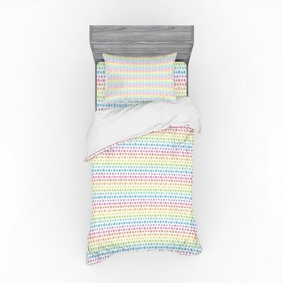 Abstract Duvet Cover Set, Continuing Print of Colorful Pastel Tone Polka Dots on a Plain Background, Bedding Set with Shams and Fitted Sheet, 3 Sizes, by Ambesonne