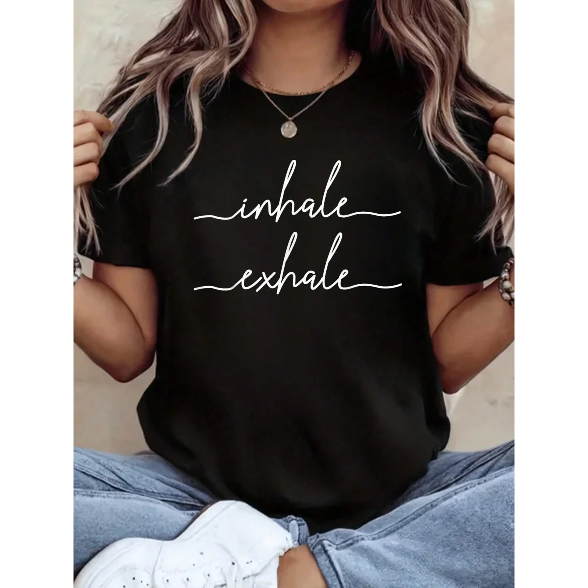 Women's Inhale Exhale Graphic T-Shirt - Motivational Yoga Meditation Minimalist Script Tee - Casual Short Sleeve Cotton Top for Mindfulness and Relaxation