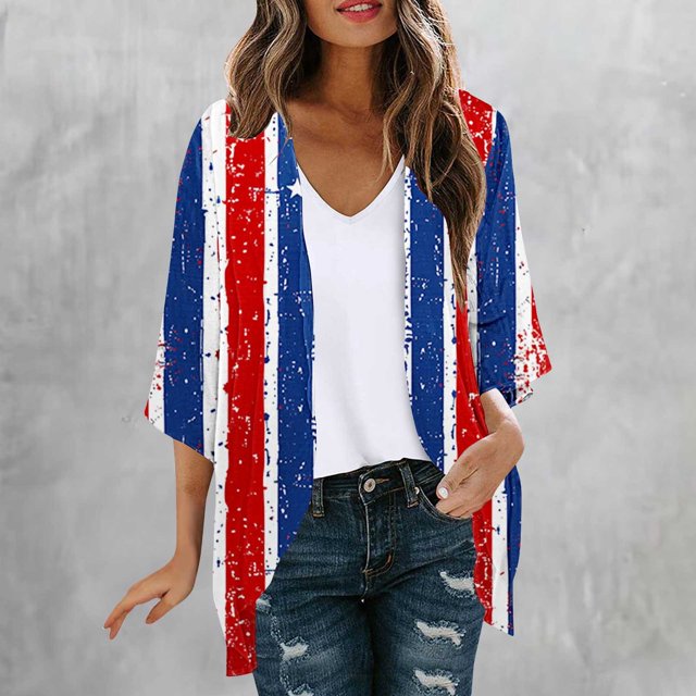 Cárdigan de mujer Cárdigan con estampado del Día de la Independencia Primavera y verano Abrigo estampado de manga larga para mujer