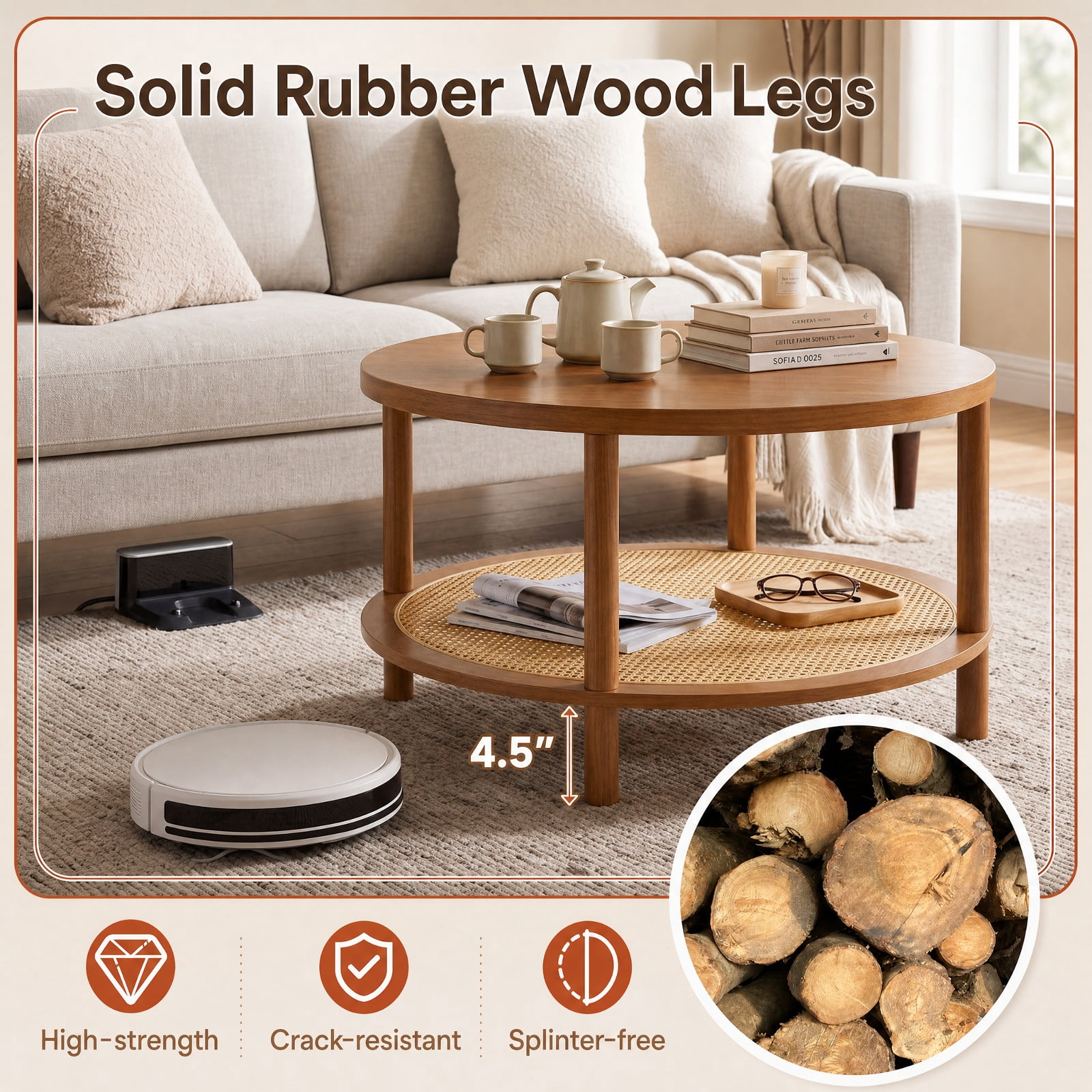 Furnibear 2 Tier Boho Round Rattan Coffee Table with Storage Shelf Rubber Wood Legs and Thickened Top for Living Room, Walnut