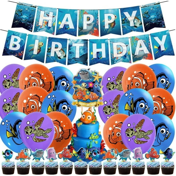 32 pieces Finding Nemo party decorations, sea animal decorations, balloons, banner, cake decoration, children's birthday party decorations set