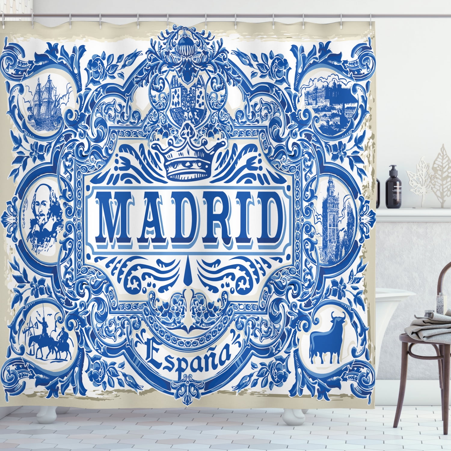 Spanish Shower Curtain, Madrid Calligraphy Traditional Painted Tin