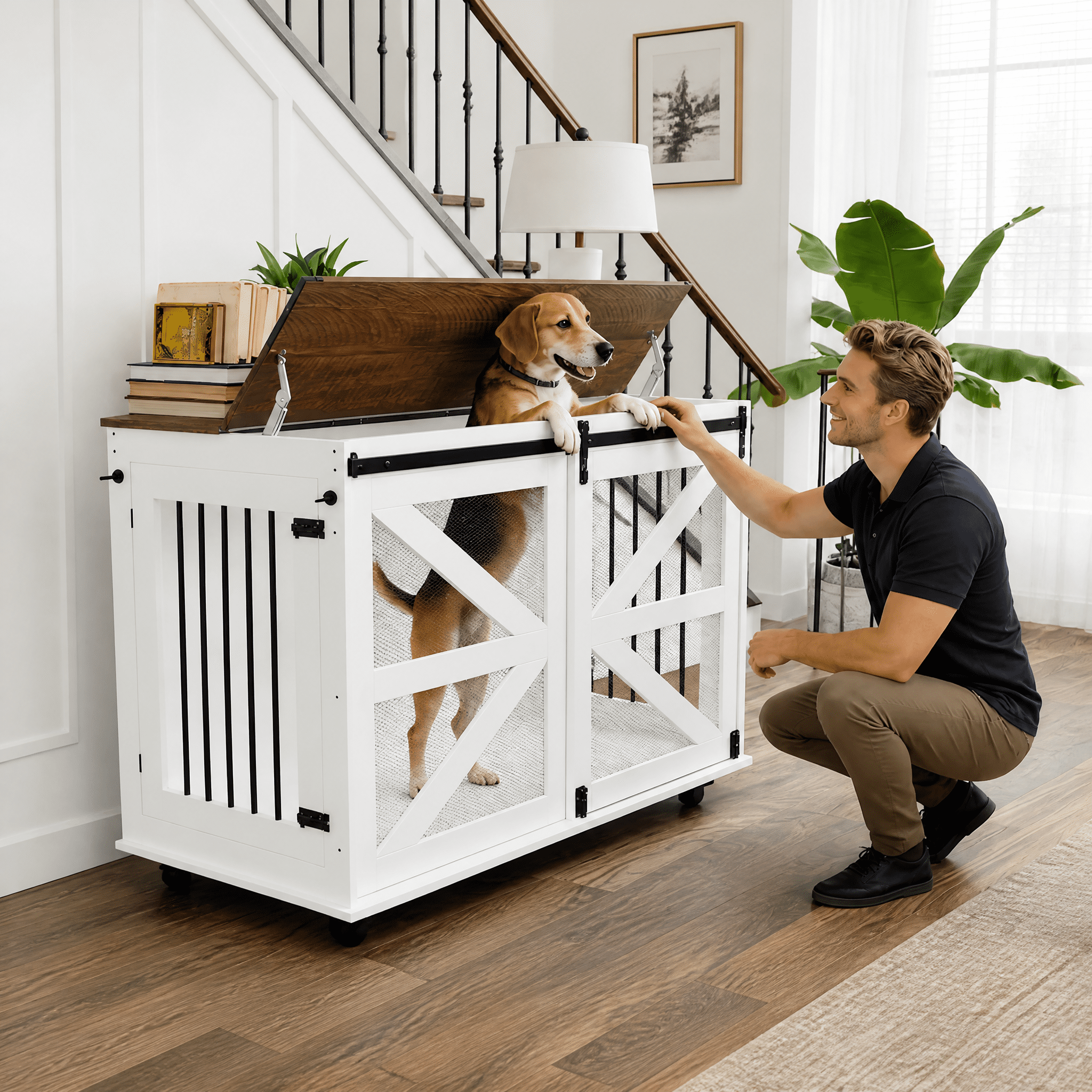 47.2" Mobile Double Dog Crate Furniture, Farmhouse Style Pet Kennel with Flip-Top Feeding Door, Dual Access, 5 Casters, Side Hooks & Removable Divider for Large or Two Small Dogs