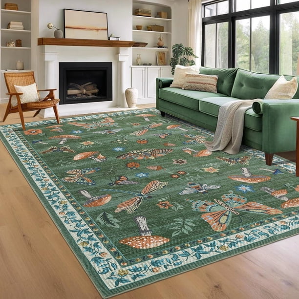 Garvee Tapete Moderna de Área de 8'x10' con Estampado Floral de Insectos, Tapetes Lavables, Tapete Antideslizante Resistente a las Manchas, Tapete Plegable para Interiores, Tapete de Pelo Bajo para S