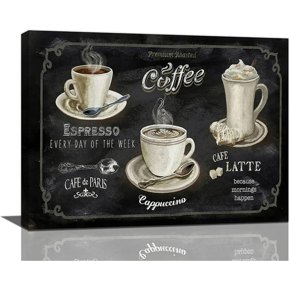 Vintage Kitchen Coffee Decor Wall Art Rustic Black And White Coffee Sign Cafe Pictures Wall Decor Canvas Painting Prints Artwork Home Decorations Framed for Coffee Bar Dining Room Restaurant 16"x12"