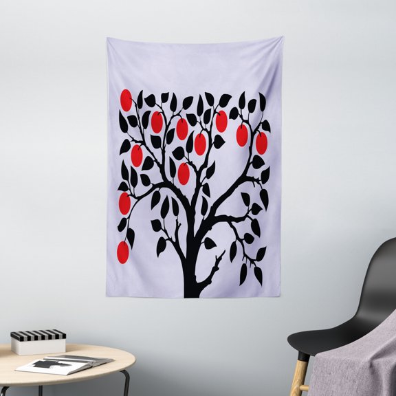 Apple Tapestry, Black Tree with Ripe Red Nutritious Fruit Flourishing Nature Garden Forest Art, Wall Hanging for Bedroom Living Room Dorm Decor, 40W X 60L Inches, Lilac Black Red, by Ambesonne