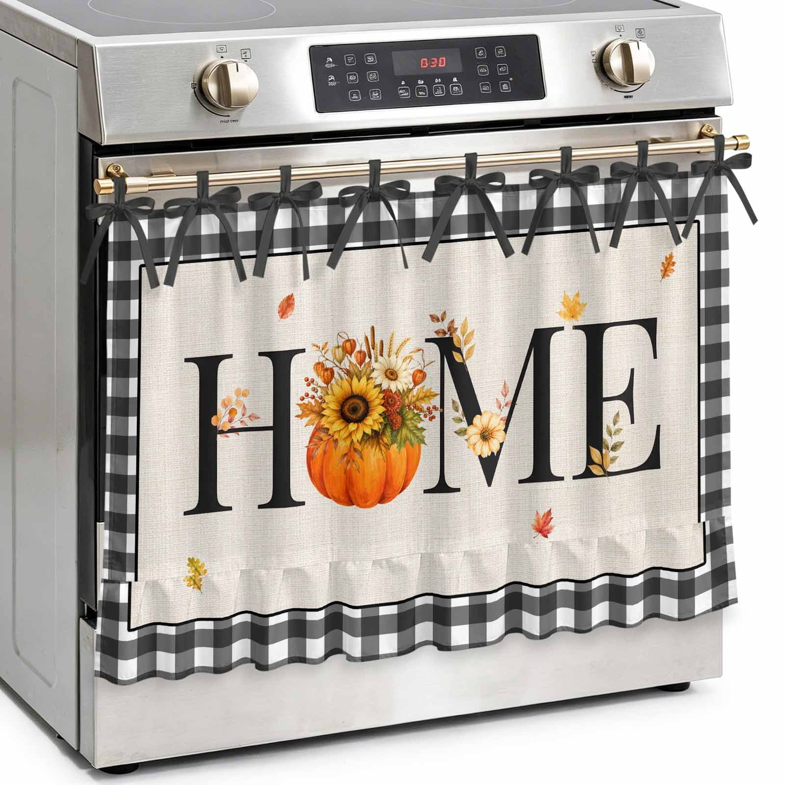 Home Pumpkins Fall Oven Skirt Curtain Kitchen Stove Skirt Cover with Tie Top Farmhouse Botanical Black Checked Decorative Cabinet Cover Dishwasher Curtain for Farmhouse Decor 32x24 Inch