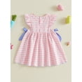 thumbnail image 6 of Toddler Baby Girl Easter Outfit Rabbit Embroidery Fly Sleeve Crewneck Smocked Dresses Bowknot Plaid A-line Dress Cute Summer Clothes 6M-5T, 6 of 9