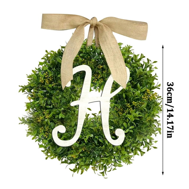fheaev Couronne de Feuilles Vertes Simulées 26 Lettres Décoration Suspendue pour Porte d'Entrée