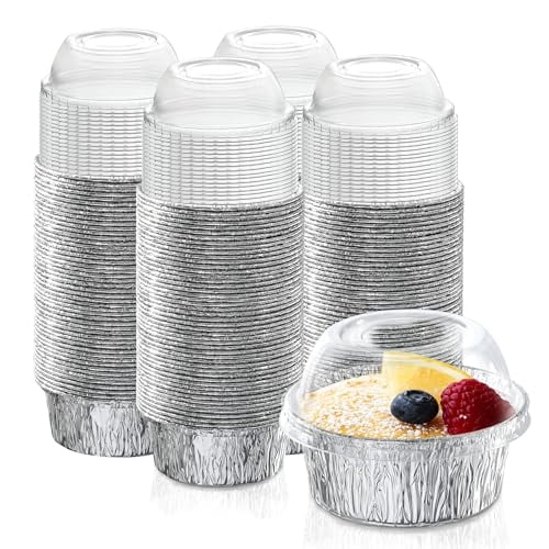 Fit Meal Prep 50 Pack 4 oz Disposable Foil Ramekins with Lids, Mini Aluminum Foil Baking Cups, Freezer & Oven Safe Creme Brulee Ramekin Disposable, Aluminum Cupcake Liners for Pudding Muffin Dessert