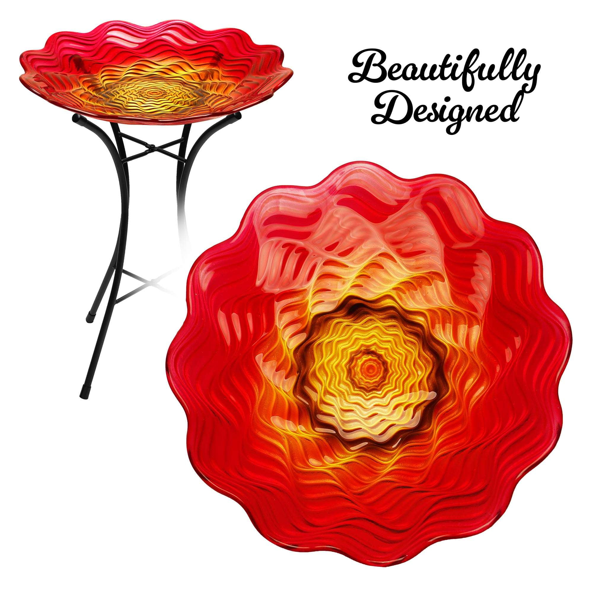 G128 19 Inch Height Glass Bird Baths with Metal Stand | Decorative Red BirdBaths Bowl Outdoor Garden Bird Feeder