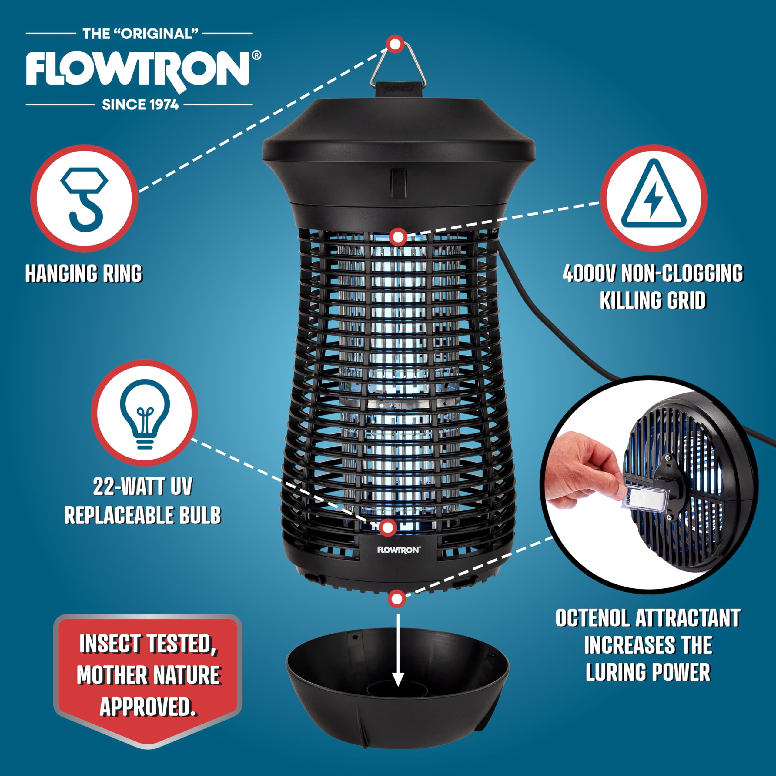 Flowtron Outdoor Bug Zapper, 4000V Electric Insect Killer, 3/4 Acre Coverage, Patio & Yard