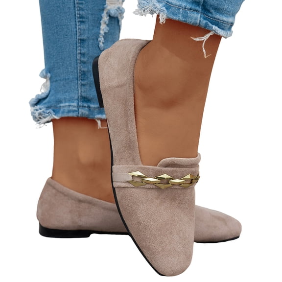 Women's Slip on Loafers Comfortable Round Toe Metal Decor Footwear Non Slip Suede Dress Shoes for Work Casual Wear Khaki Size 9