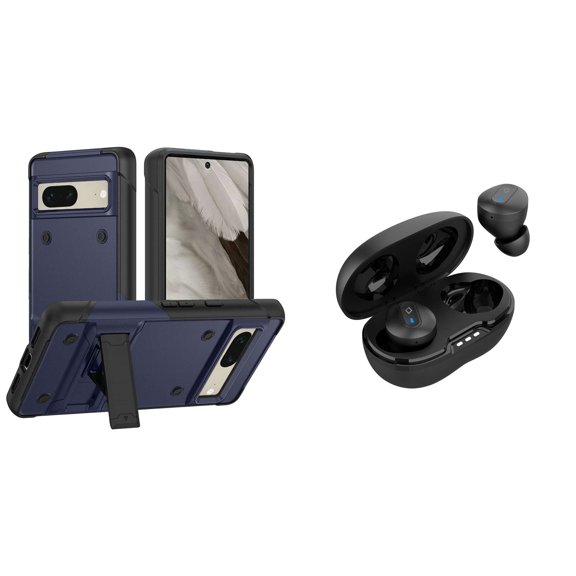 BEMZ Rugged Impact Resistant Kickstand Armor Case (Blue) with Noise-Cancelling Wireless Earbuds with Charging Case for Google Pixel 7a