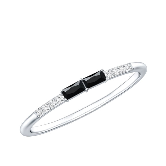 Rosec Jewels Baguette Black Onyx Minimal Ring with Diamond for Women (AAA Quality), 925 Sterling Silver, US 4.00