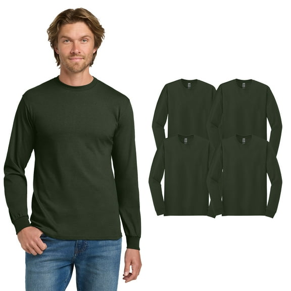 Gildan Men's Heavy Cotton Long Sleeve T-Shirt, Crew Neck Classic Fit Tee, Forest, 4-Pack, S