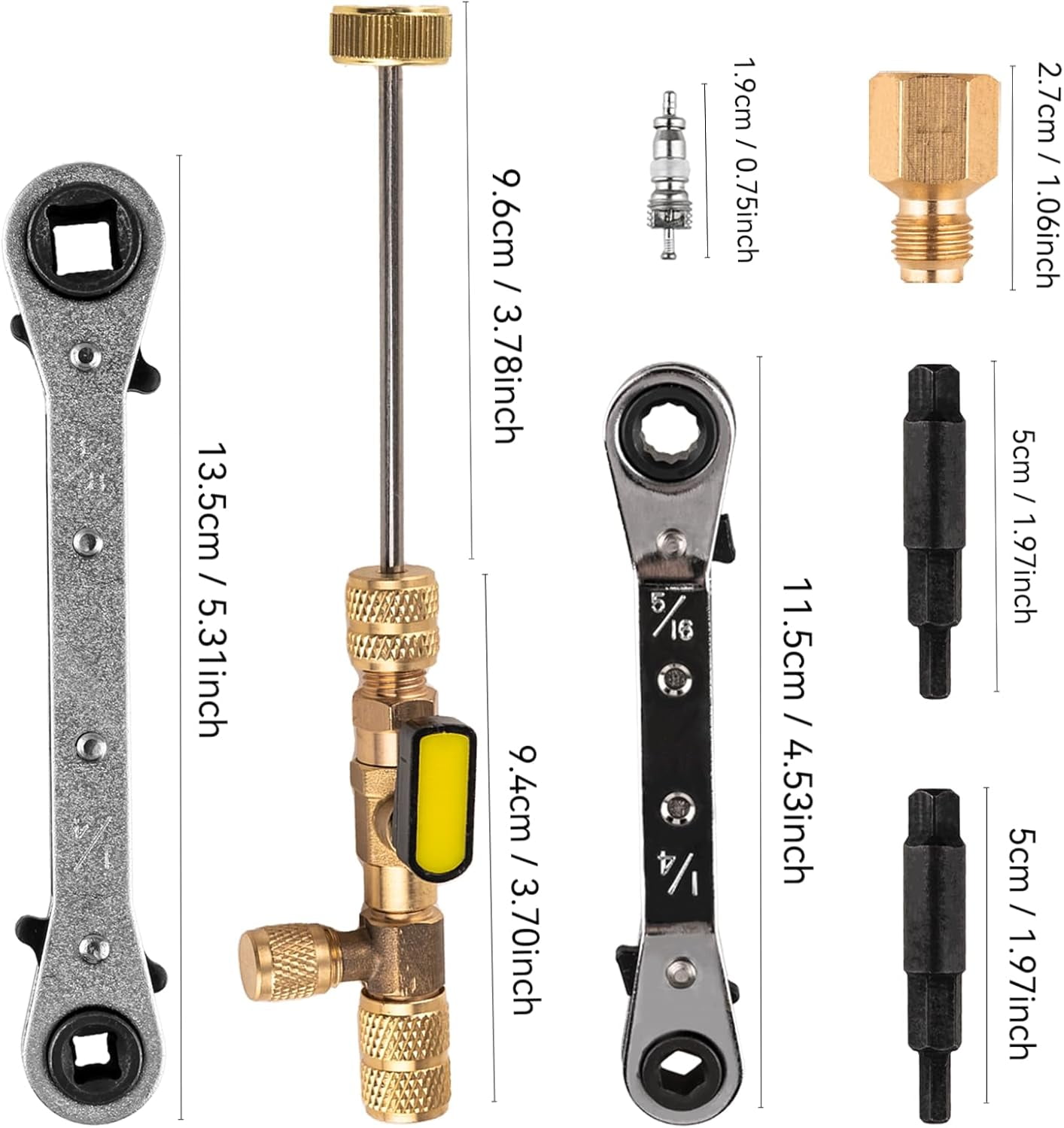 Valve Core Remover Installer Tool and HVAC Service Wrench Set with Hex Bit Adapters, Dual Size SAE 1/4 to 5/16 Port, 5/16'', 3/8'' Refrigeration Service Wrench, 10 Valve Core