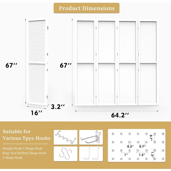 4 Panel Pegboard Room Divider for Privacy and Storage | White