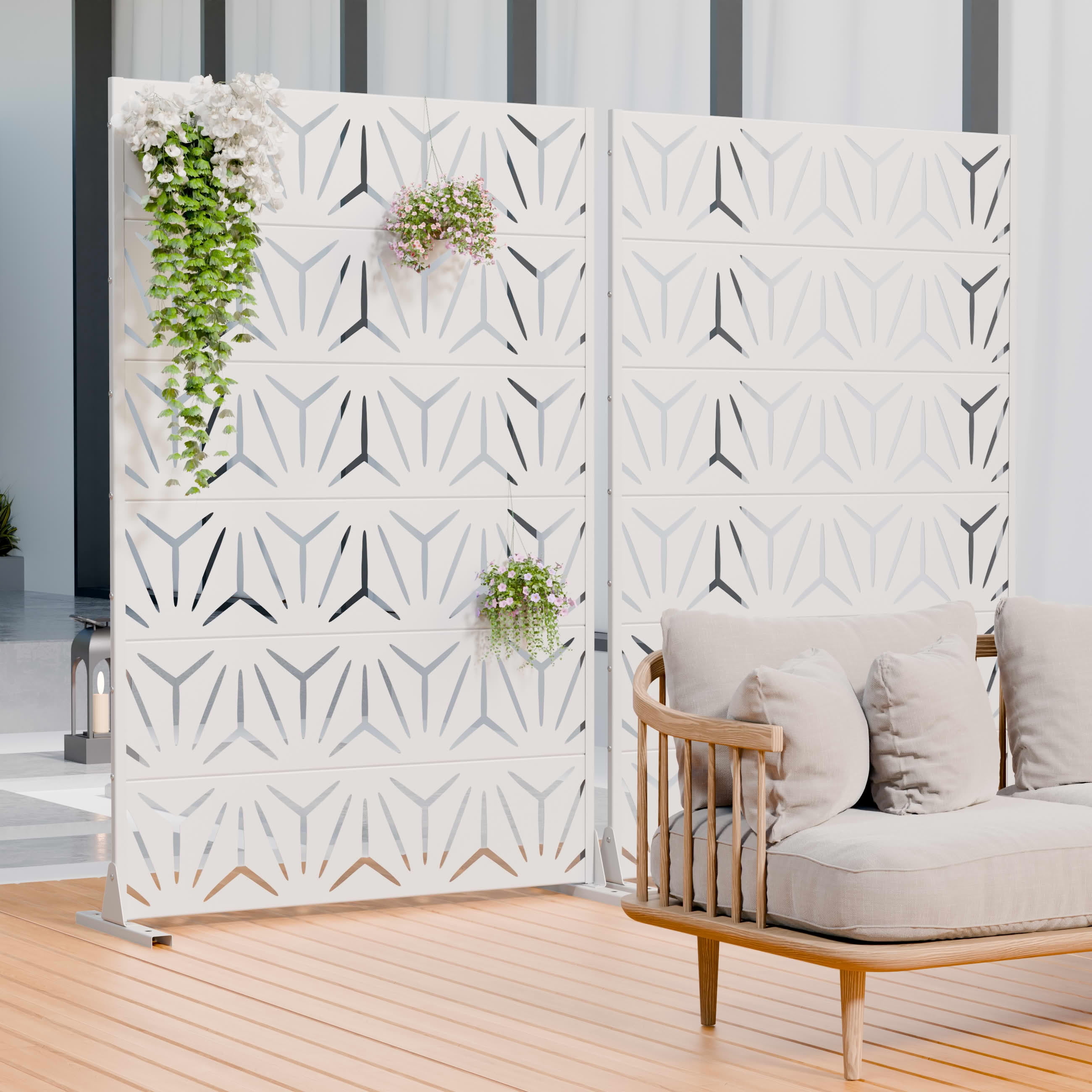 MAYEERTY 2-Piece Outdoor Metal Privacy Screen 6ft × 4ft White, 6-Panel Geometric Y-Pattern Decorative Screen for Patio