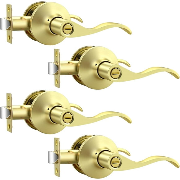 Brushed Gold Privacy Door Handles Interior Heavy Duty Brushed Brass Indoor Door Handle with Lock Wave Style Keyless Reversible for Bedroom Bathroom Doors