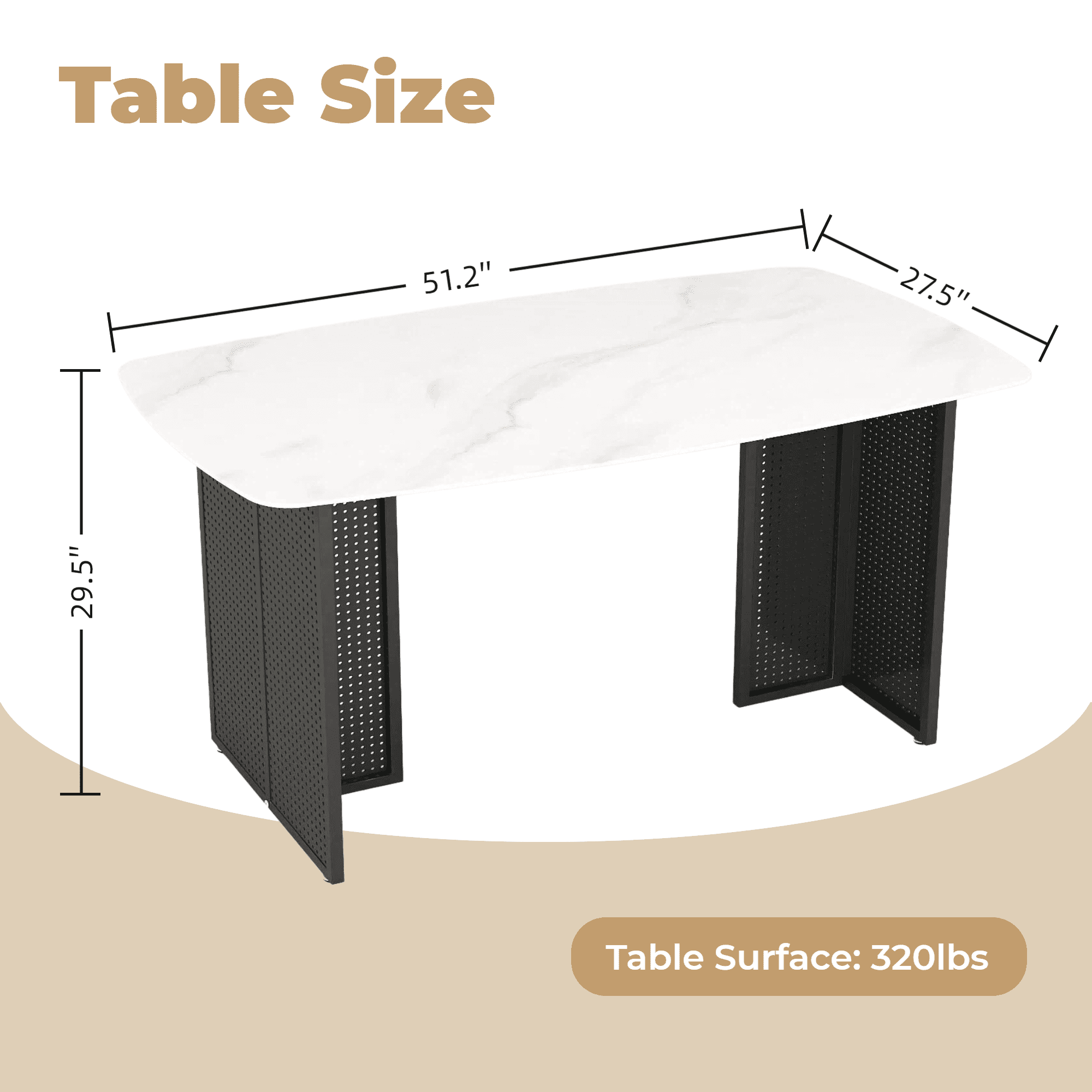 Euroco 51.2inch Glass Dining Table for 6,Rectangular Kitchen Table with Marble-Patterned Design and Metal Legs for Kitchen Living Room,White