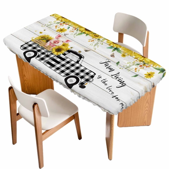 Sunflowers Table Cloths for 5 Foot Rectangle Tables, Spring Botanical Truck Pig Wooden Grain Patio Waterproof Elastic Fitted Tablecloths, Washable Rectangular Table Cover for Camping