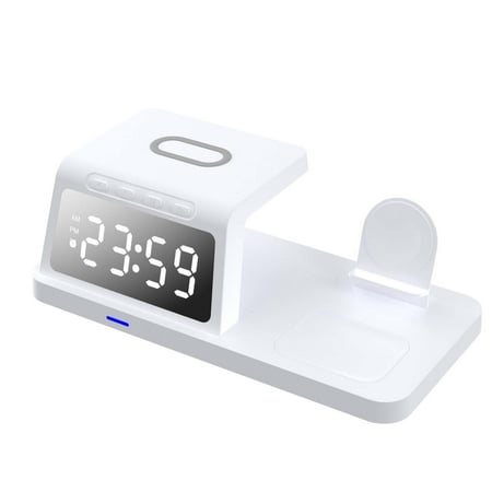 7 In 1 Charging Station With Clock And Display For Mobile Phone Watch Earbuds Wireless Charger Station With Alarm Clock And USB Power