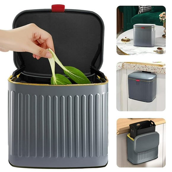 Hanging kitchen trash can with lid, 4L gray stainless steel wall mounted trash can, suitable for cabinets, under sinks, and bathrooms