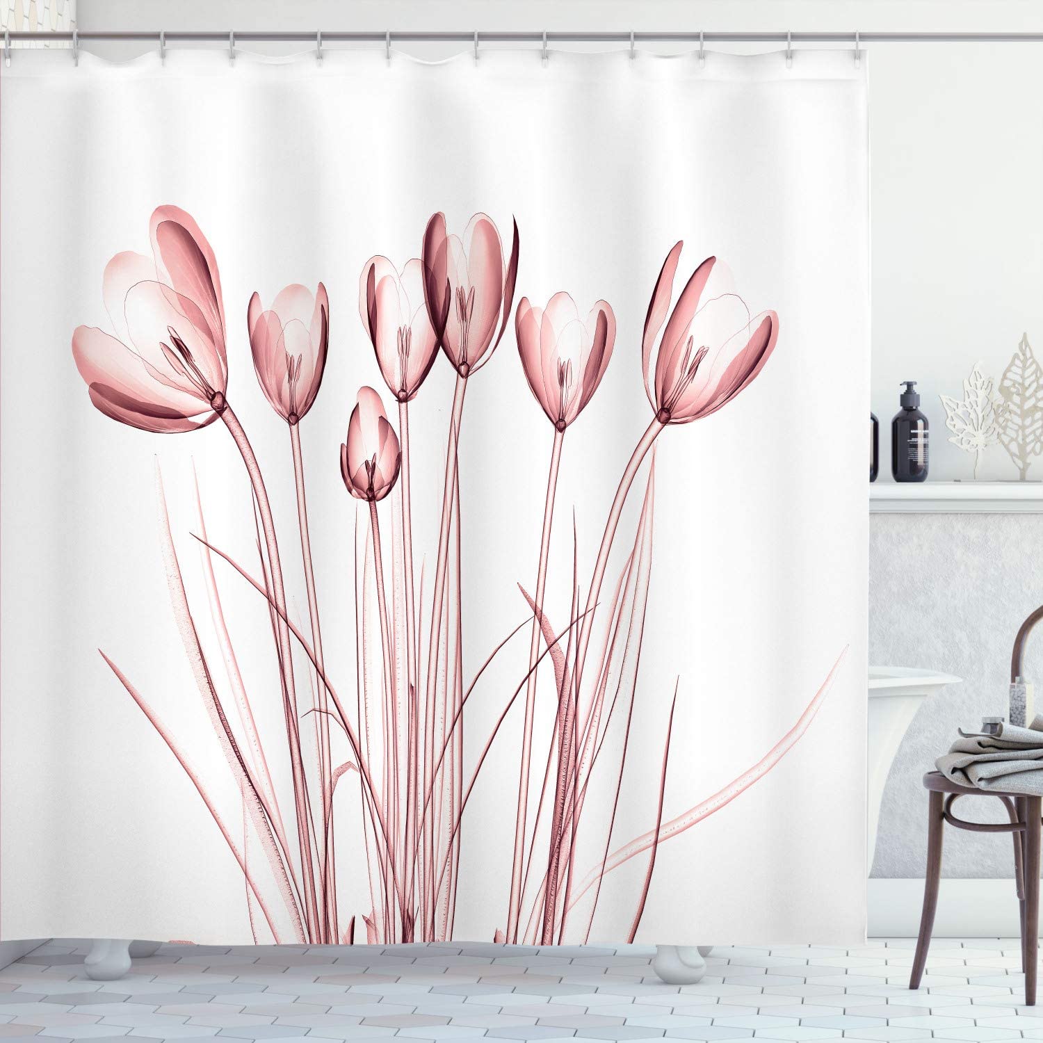 HTOOQ Flower Shower Curtain, Xray Image of Tulips Solarized Effect
