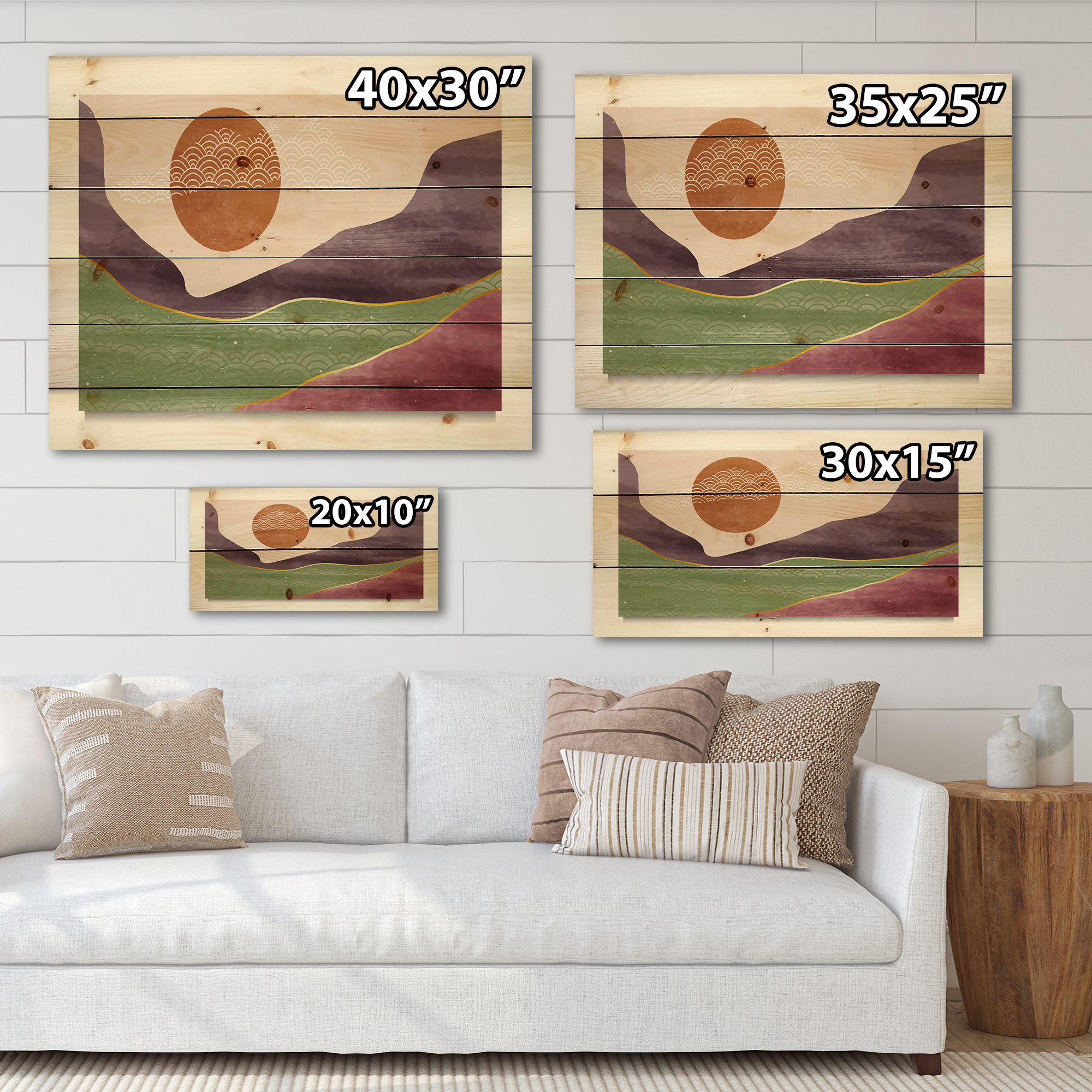 Designart 'Abstract Landscapes With Mountain River and Moon' Modern Print on Natural Pine Wood