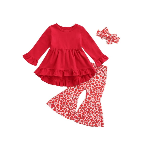 Kiapeise Valentines Day Toddler Girl Long Sleeve Ruffle Tunic Top Heart Print Flared Pants with Headband 3Pcs