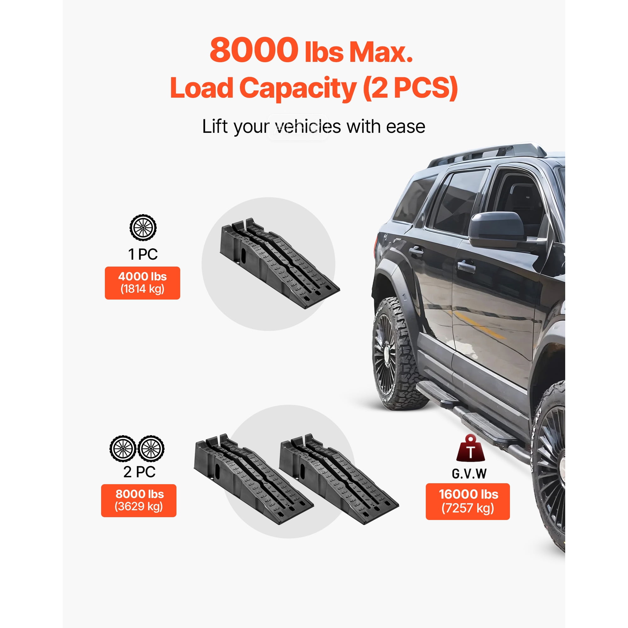 KFFKFF Portable Car Ramps, Set of 2 with 16000 lbs Load Capacity, 6.7-inch Lift Height, Durable Service Ramps for Garage Maintenance, Oil Changes, and Vehicle Repairs, Suitable for Trucks, SUVs