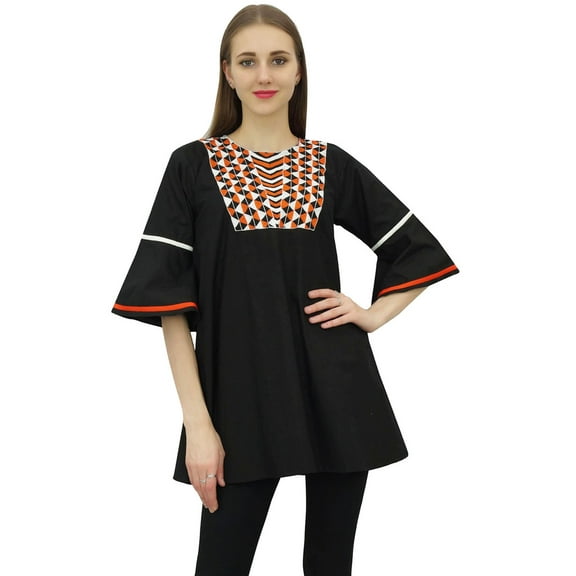Bimba Women's Black Cotton Tunic Blouse Tops Summer Loose Flounce Sleeve-16