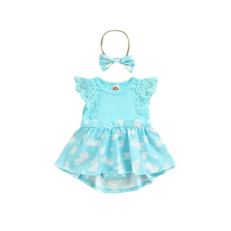 

Nokpsedcb 2Pcs Kids Baby Girls Bodysuit Set Lace Pleated Cuff Sleeveless Rabbit Carrot Pattern Skirt with Headband Blue 3-6 Months