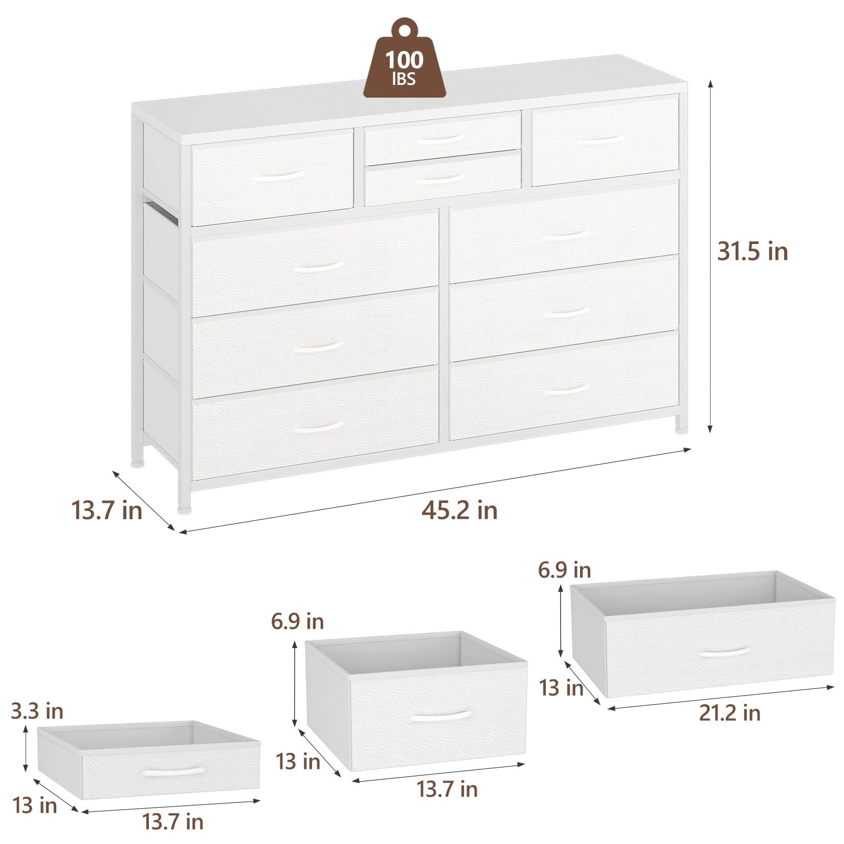 Emorefun TV Stand for 55 Inch TV, Entertainment Center with 10 Drawers for Living Room, Closet, Entryway, Hallway, White
