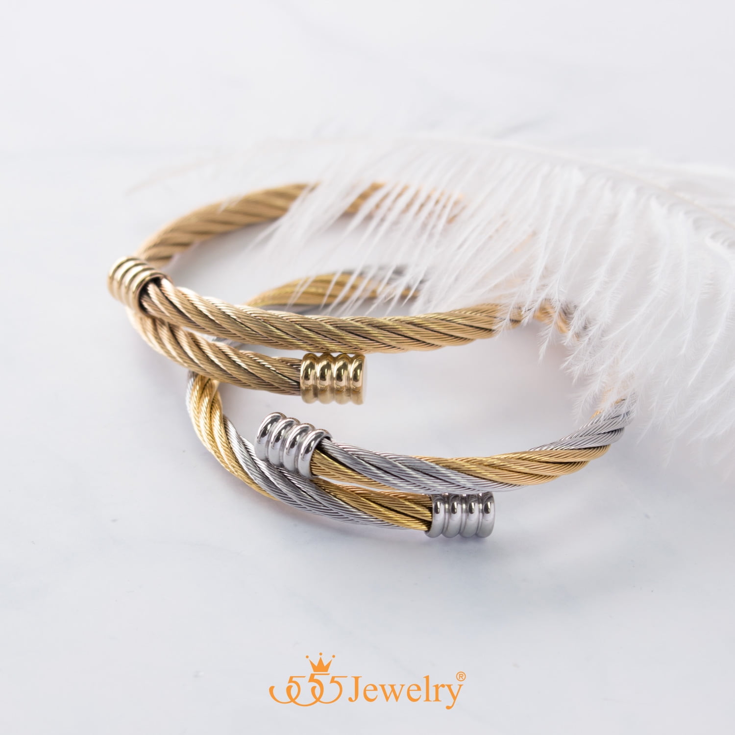 555Jewelry 2 Tone Adjustable Twisted Wire Cable Bangle