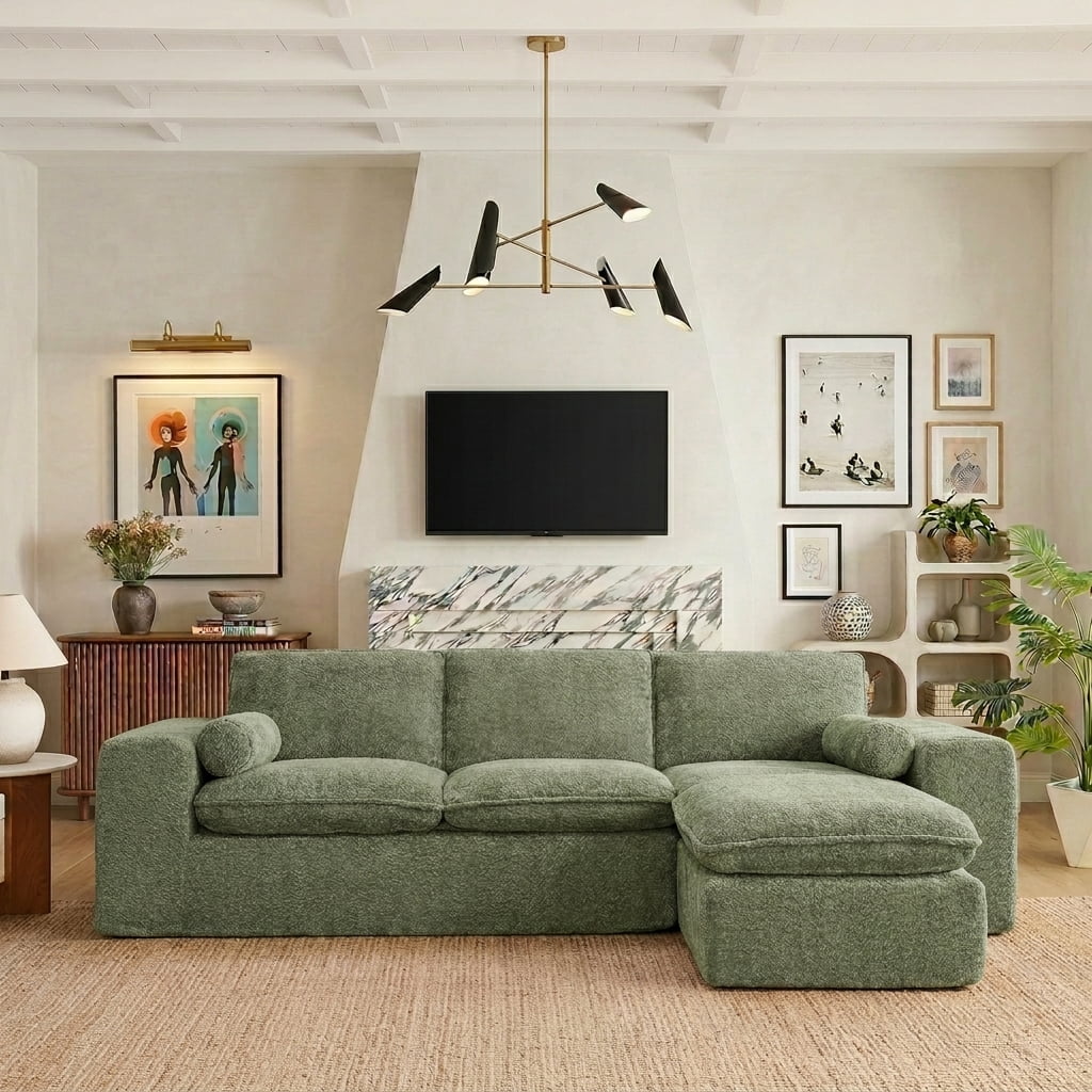 AISWORD 107" Modern Boucle Modular Sectional Cloud Sofa with Moveable Ottoman and Pillows