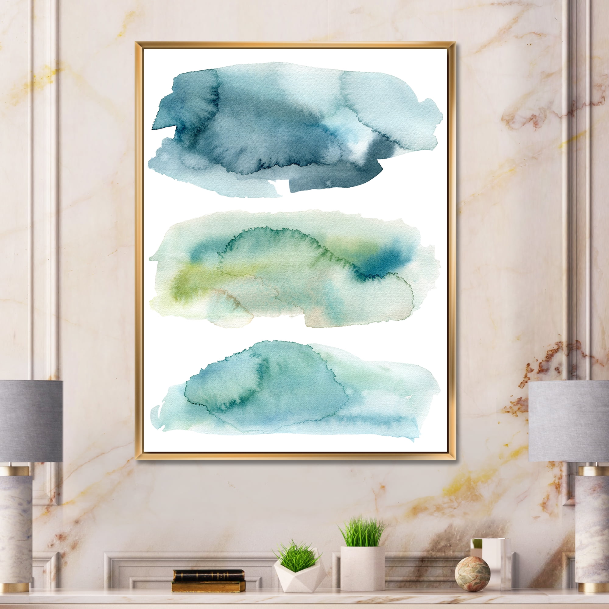 Designart 'Green and Blue Clouds' Modern Framed Canvas Wall Art Print