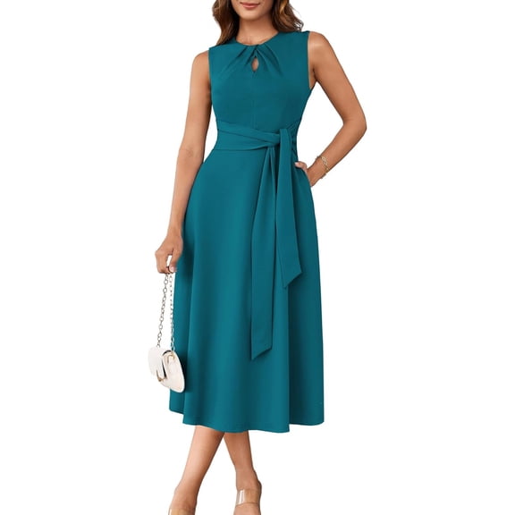 EASYBRA Women Sleeveless Tie Waist A Line Midi Work Dress Elegant Flowy Cocktail Party Dress with Pockets